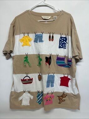 Bechamel Beige Kids Short-Sleeve Tee with Multicolor Clothesline Appliqués 100%